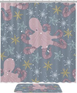 Starry Octopus Pattern Shower Curtain with Double Glide Hooks and Waterproof Fabric