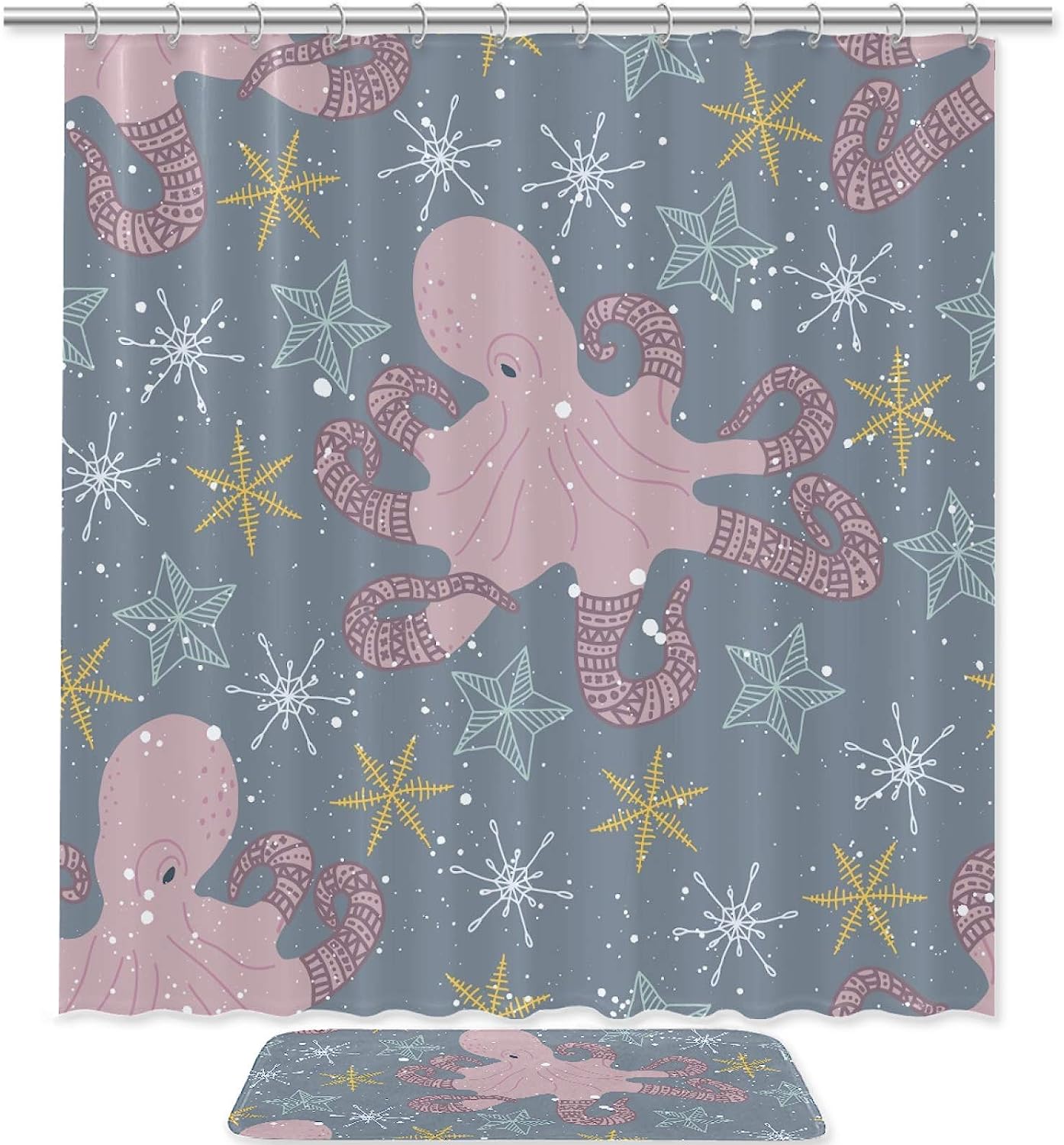 Starry Octopus Pattern Shower Curtain with Double Glide Hooks and Waterproof Fabric