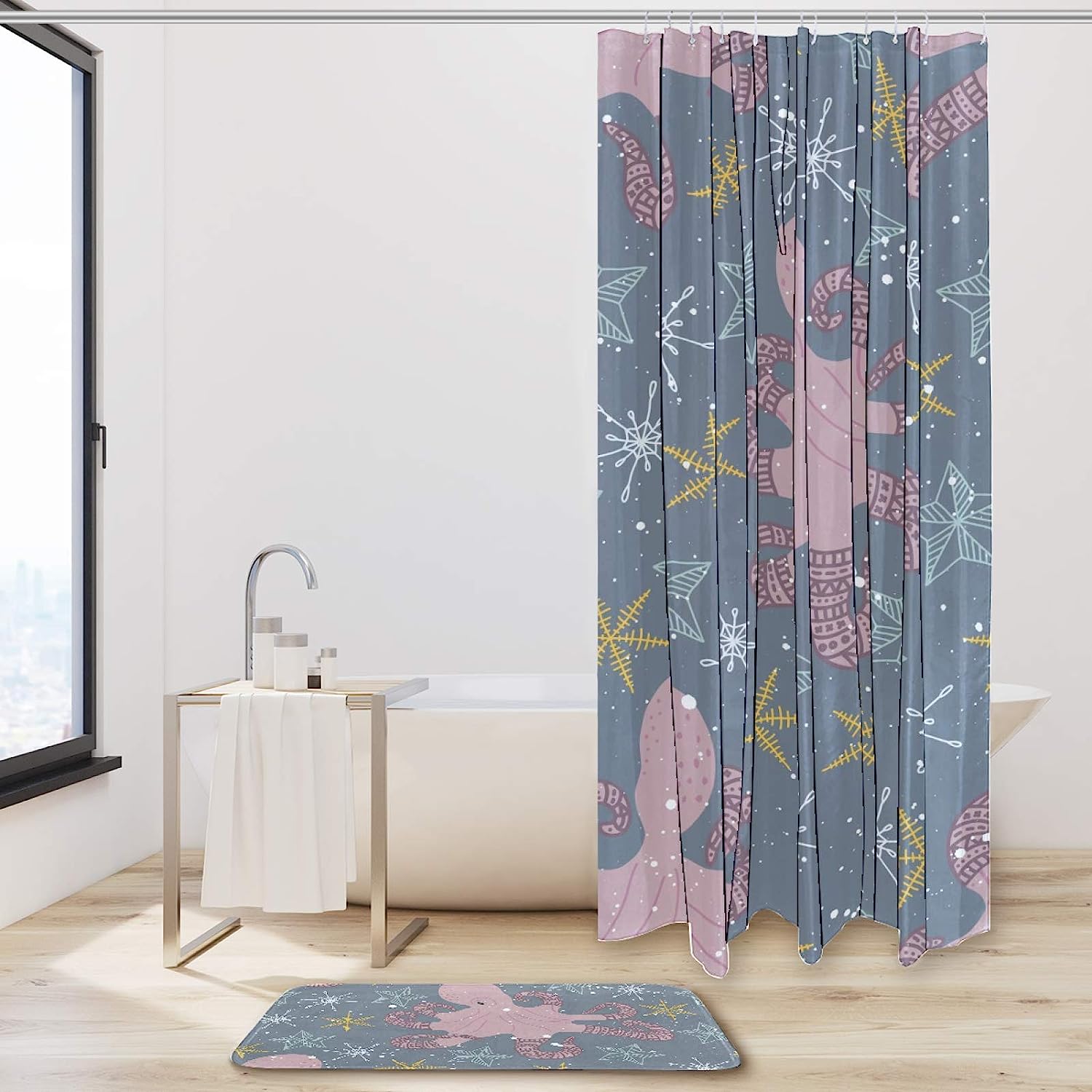 Starry Octopus Pattern Shower Curtain with Double Glide Hooks and Waterproof Fabric