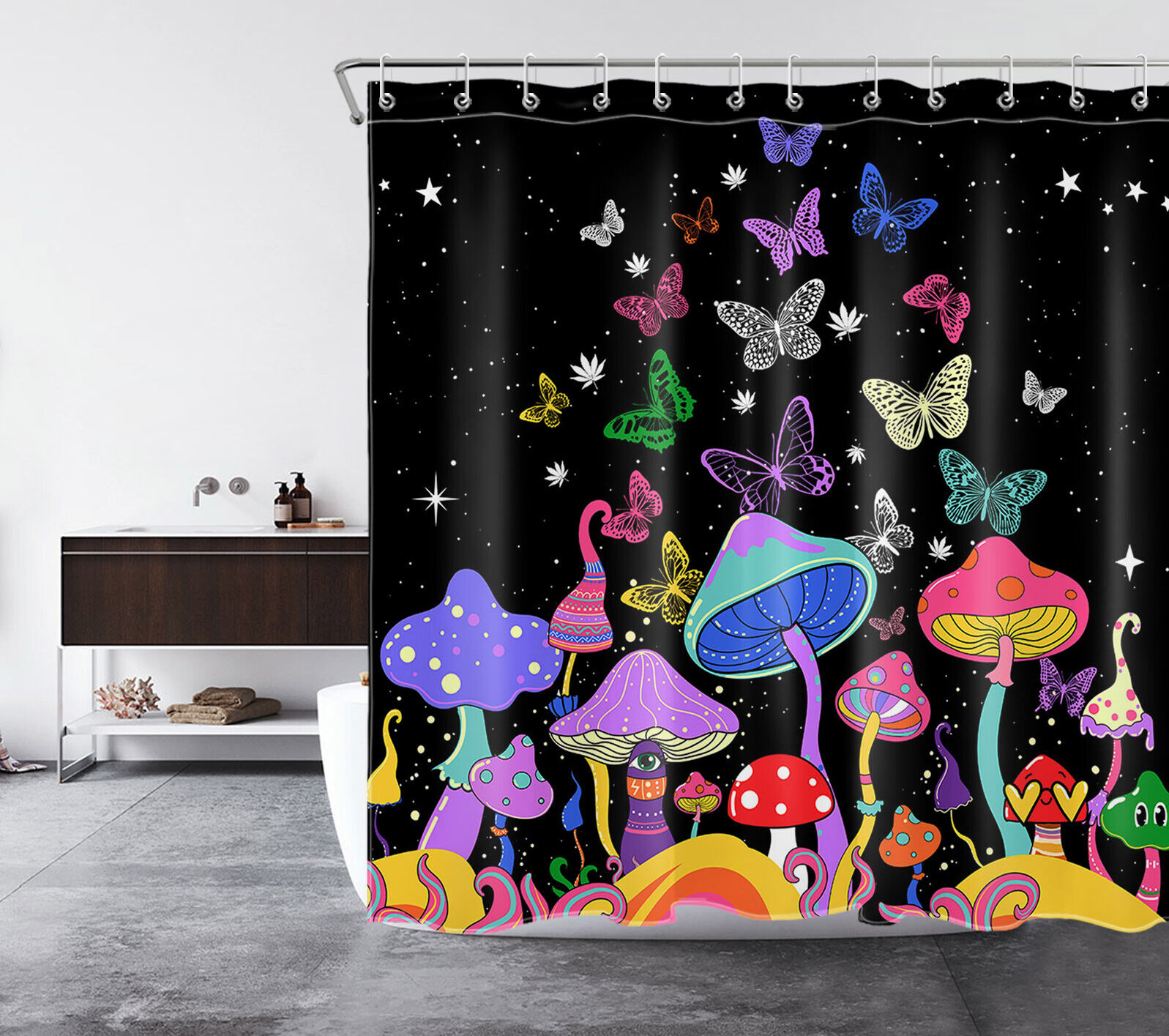 Starry Sky Butterfly And Mushroom Shower Curtain For Bathroom