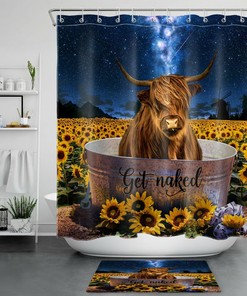 Starry Sky Highland Cow Sunflower Shower Curtain Funny Bathroom Accessories