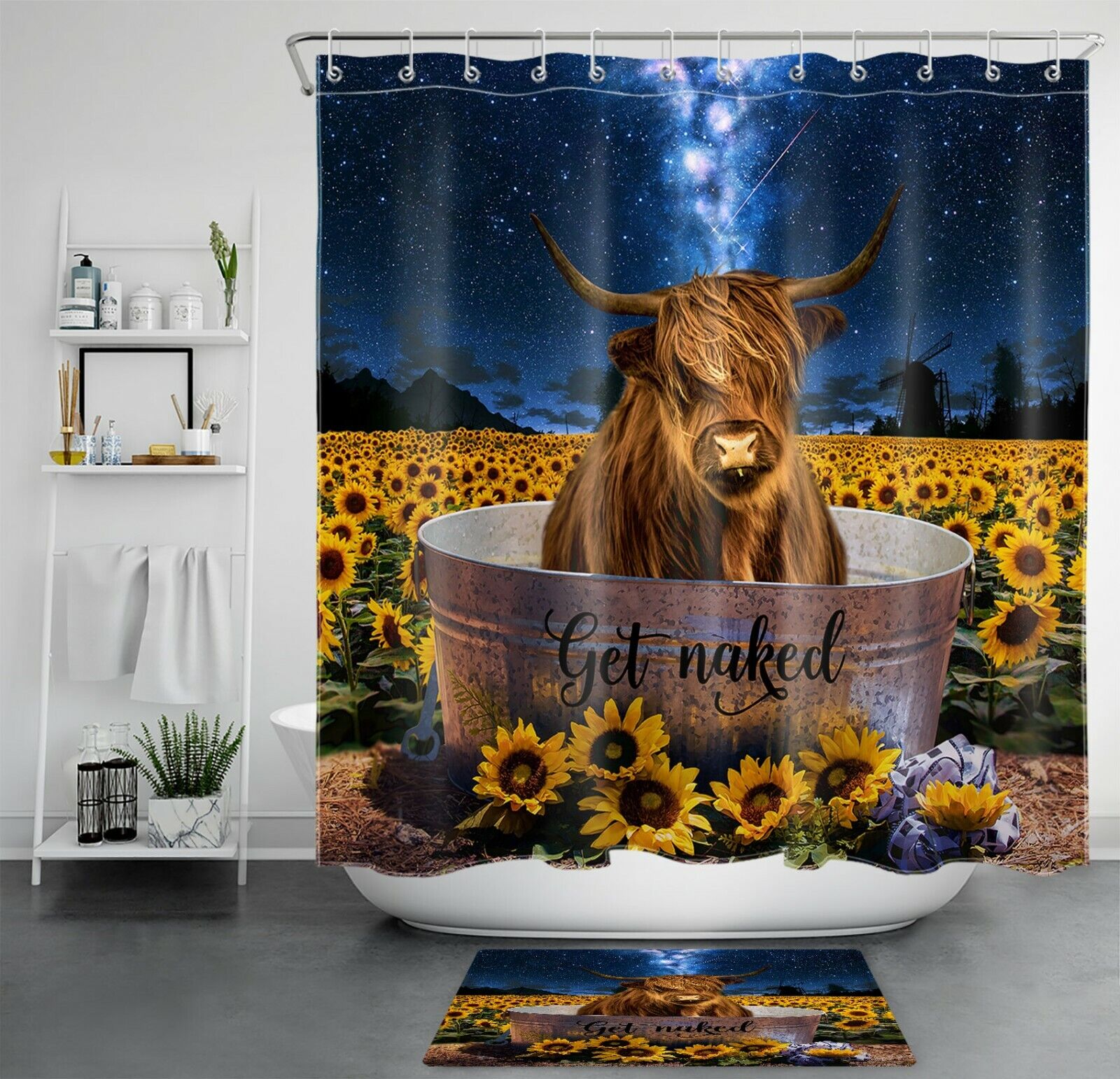 Starry Sky Highland Cow Sunflower Shower Curtain Funny Bathroom Accessories