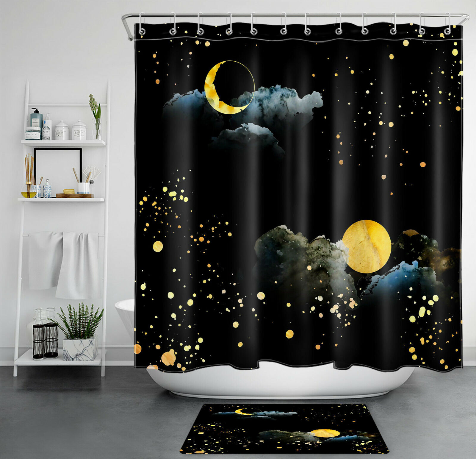 Starry Sky Moon Cloud Shower Curtain: Relaxing Bath Tub Accessory with Cosmic and Nighttime Atmosphere