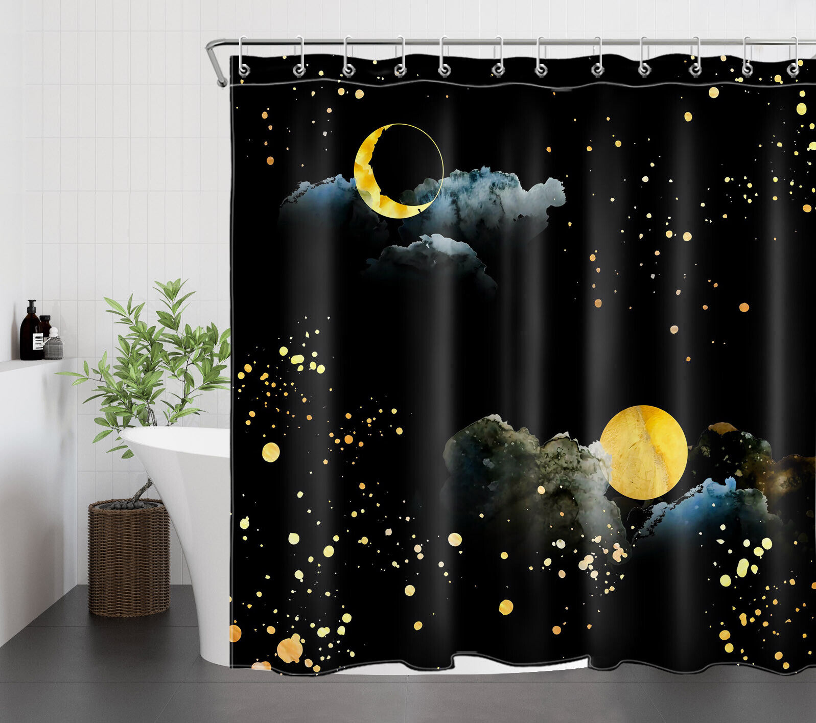 Starry Sky Moon Cloud Shower Curtain: Relaxing Bath Tub Accessory with Cosmic and Nighttime Atmosphere