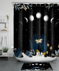 Starry Sky Moon Phase Shower Curtain with Plant Leaf Moth Print
