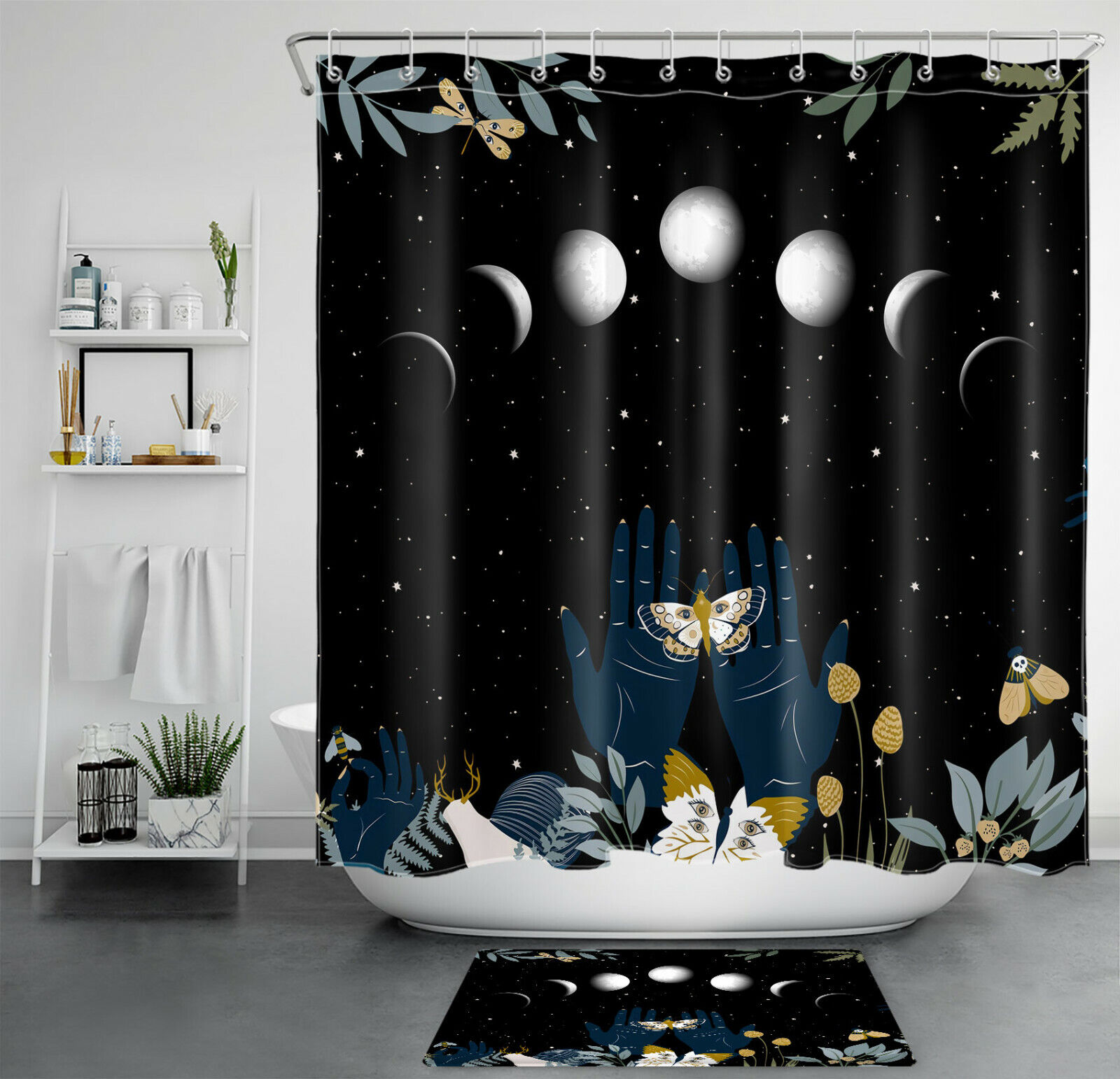 Starry Sky Moon Phase Shower Curtain with Plant Leaf Moth Print