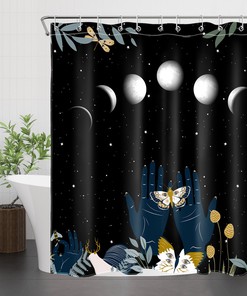 Starry Sky Moon Phase Shower Curtain with Plant Leaf Moth Print