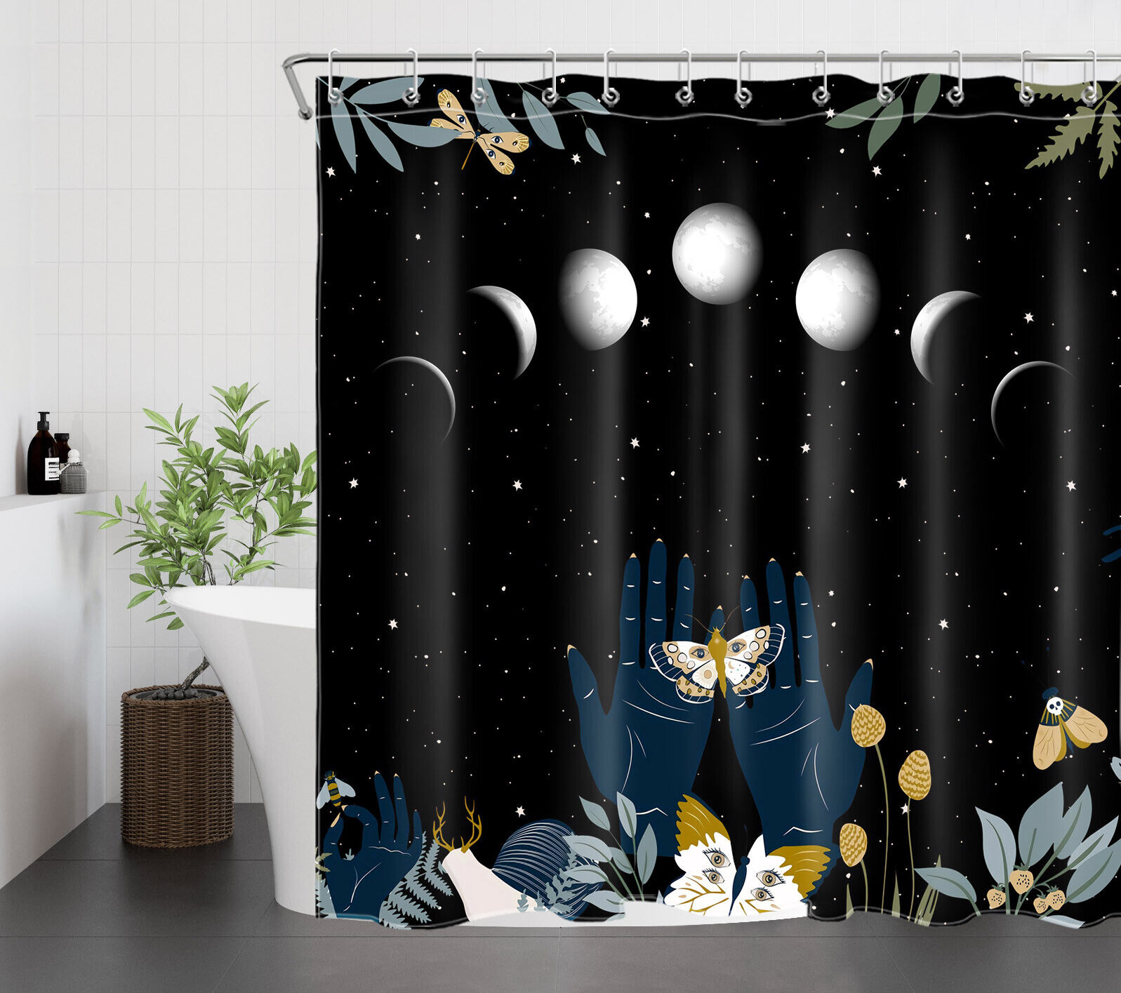 Starry Sky Moon Phase Shower Curtain with Plant Leaf Moth Print