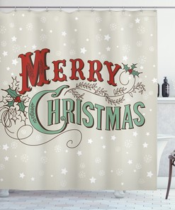 Stars, Baubles, And Snow Print Fabric Shower Curtain For Holiday-Themed Bathroom Decor