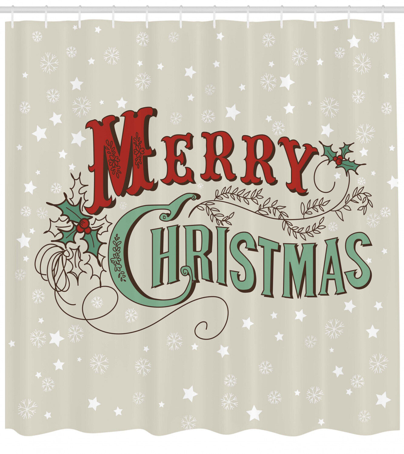 Stars, Baubles, And Snow Print Fabric Shower Curtain For Holiday-Themed Bathroom Decor - Image 2
