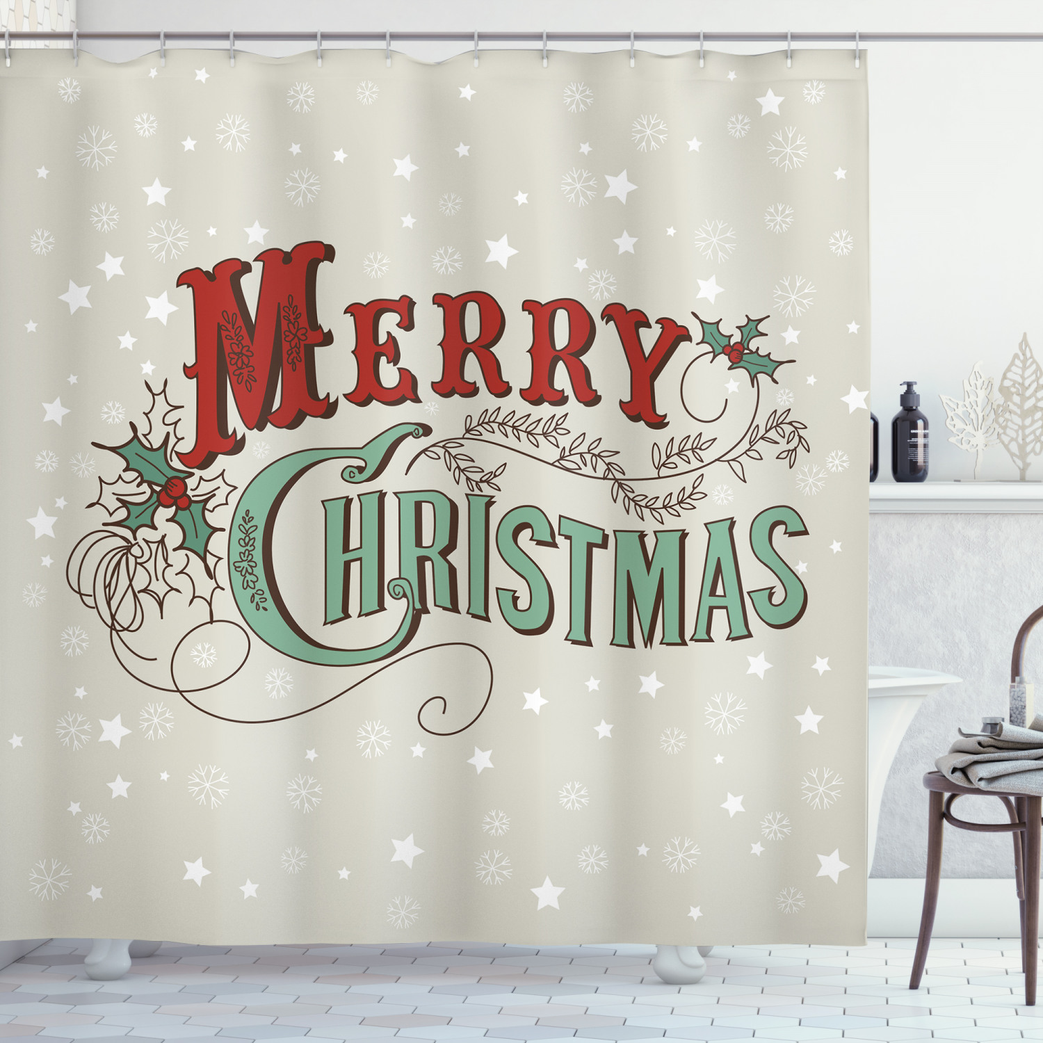 Stars, Baubles, And Snow Print Fabric Shower Curtain For Holiday-Themed Bathroom Decor - Image 3