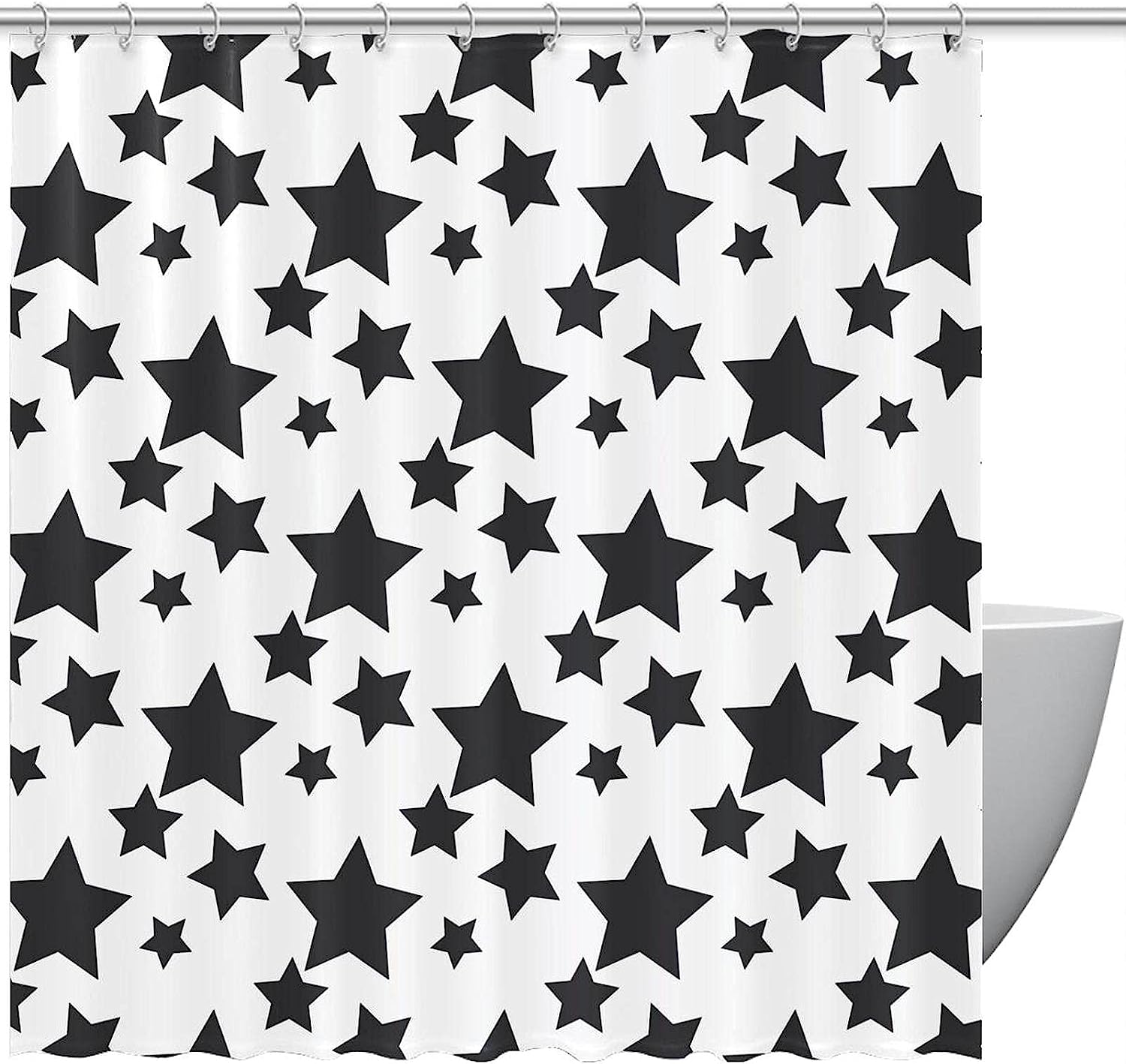 Stars Pattern Shower Curtain - Black And White Bathroom Curtain With Waterproof Fabric And Starry Print