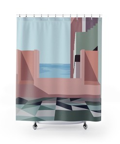 Statement Pink And Green Geometric Shower Curtain, Colorful Bohemian Bathroom Decoration