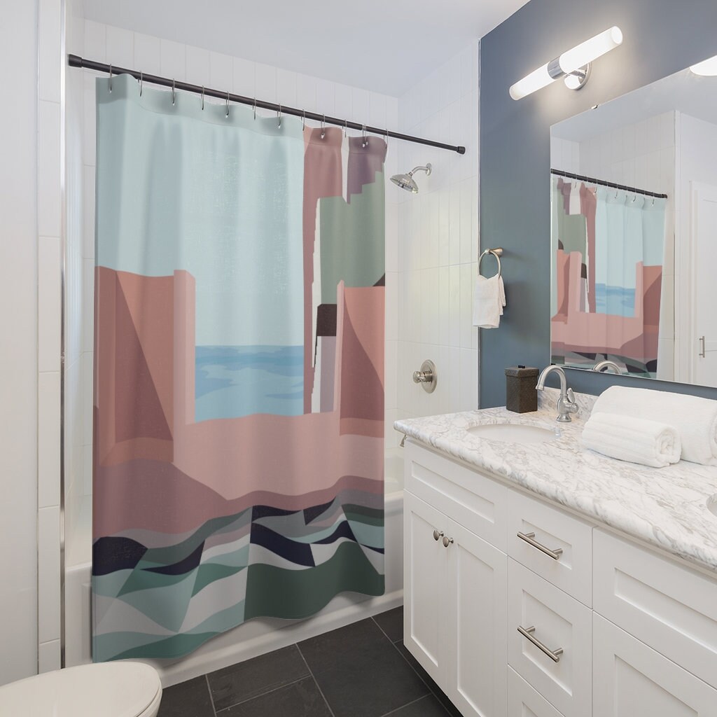 Statement Pink And Green Geometric Shower Curtain, Colorful Bohemian Bathroom Decoration - Image 2