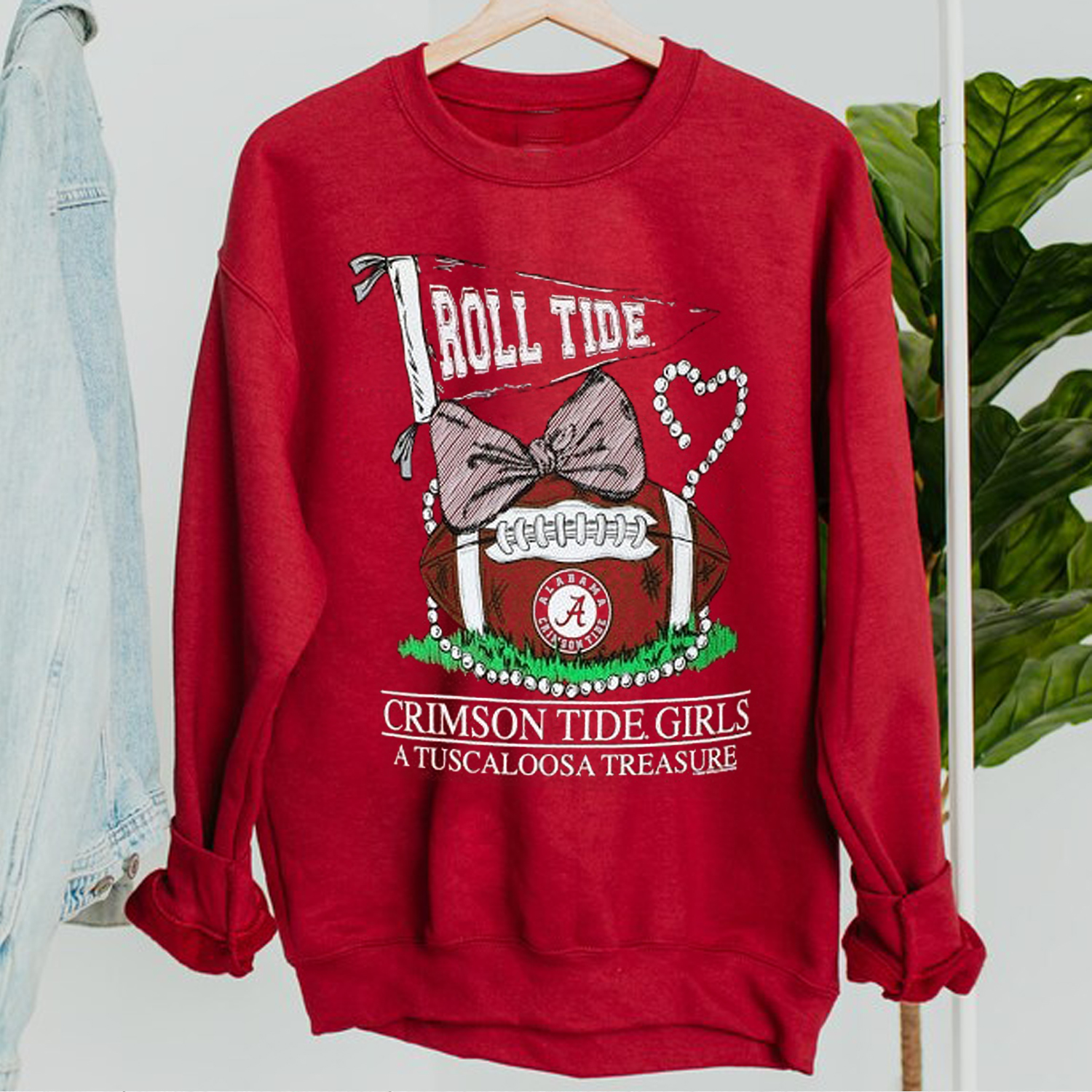 Stay Comfortable With Alabama Crimson Tide Tuscaloosa Treasure Pearls Bow Long Sleeve T-Shirt