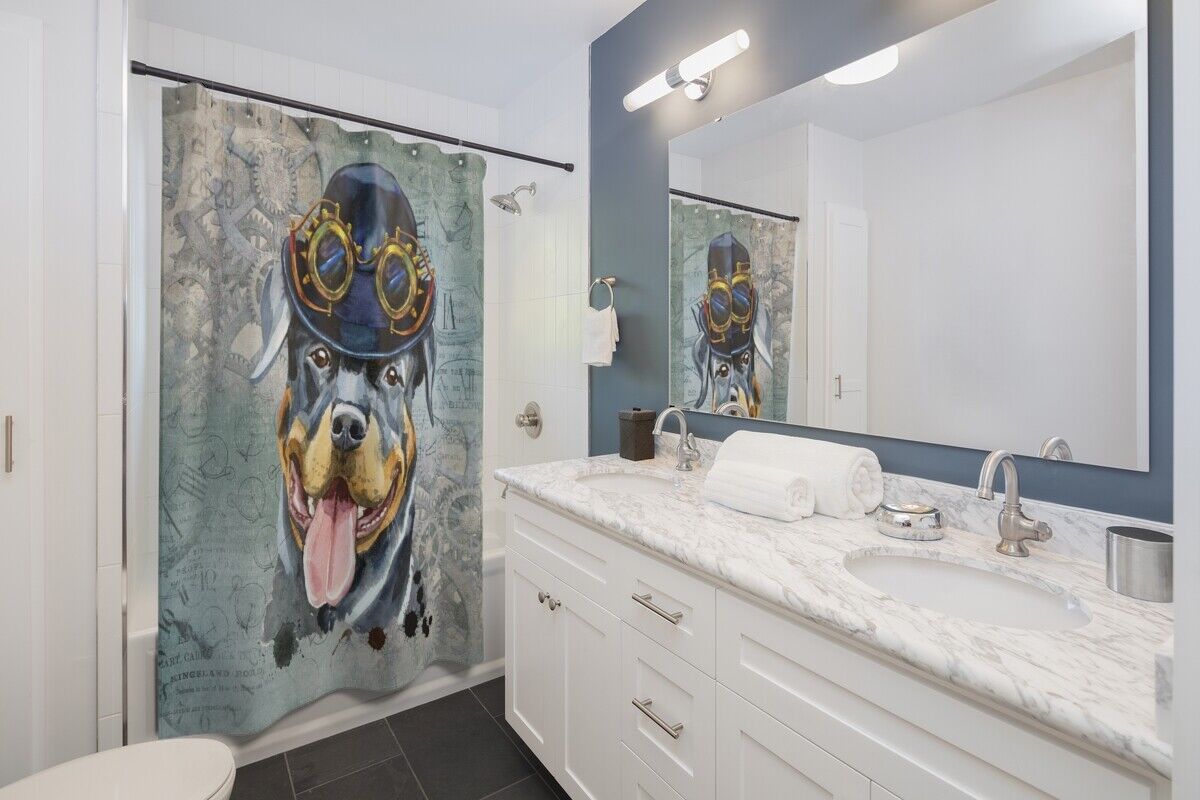 Steampunk Rottweiler Dog Print Shower Curtain For Unique Bathroom Decor - Image 2