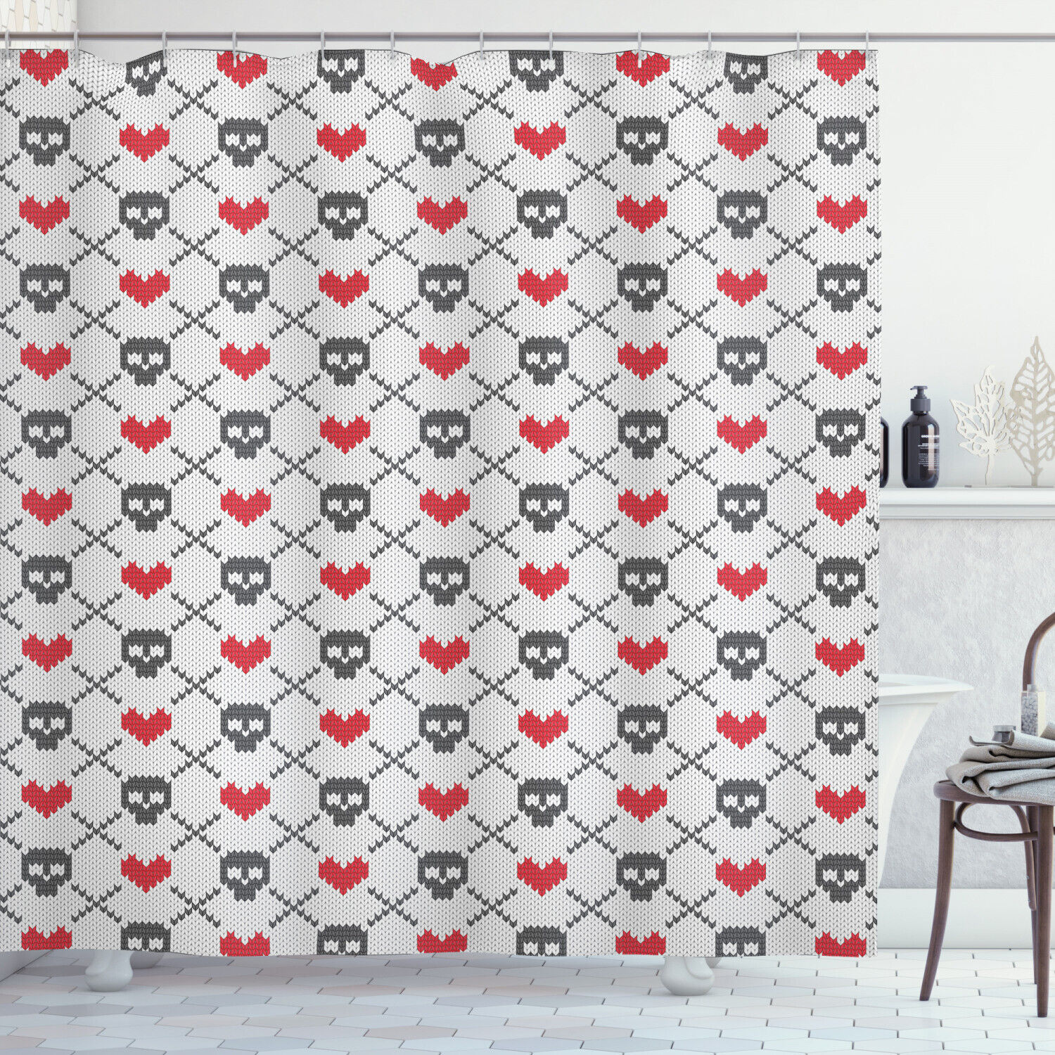 Stitch Work Knitted Pattern Shower Curtain With Skulls & Hearts