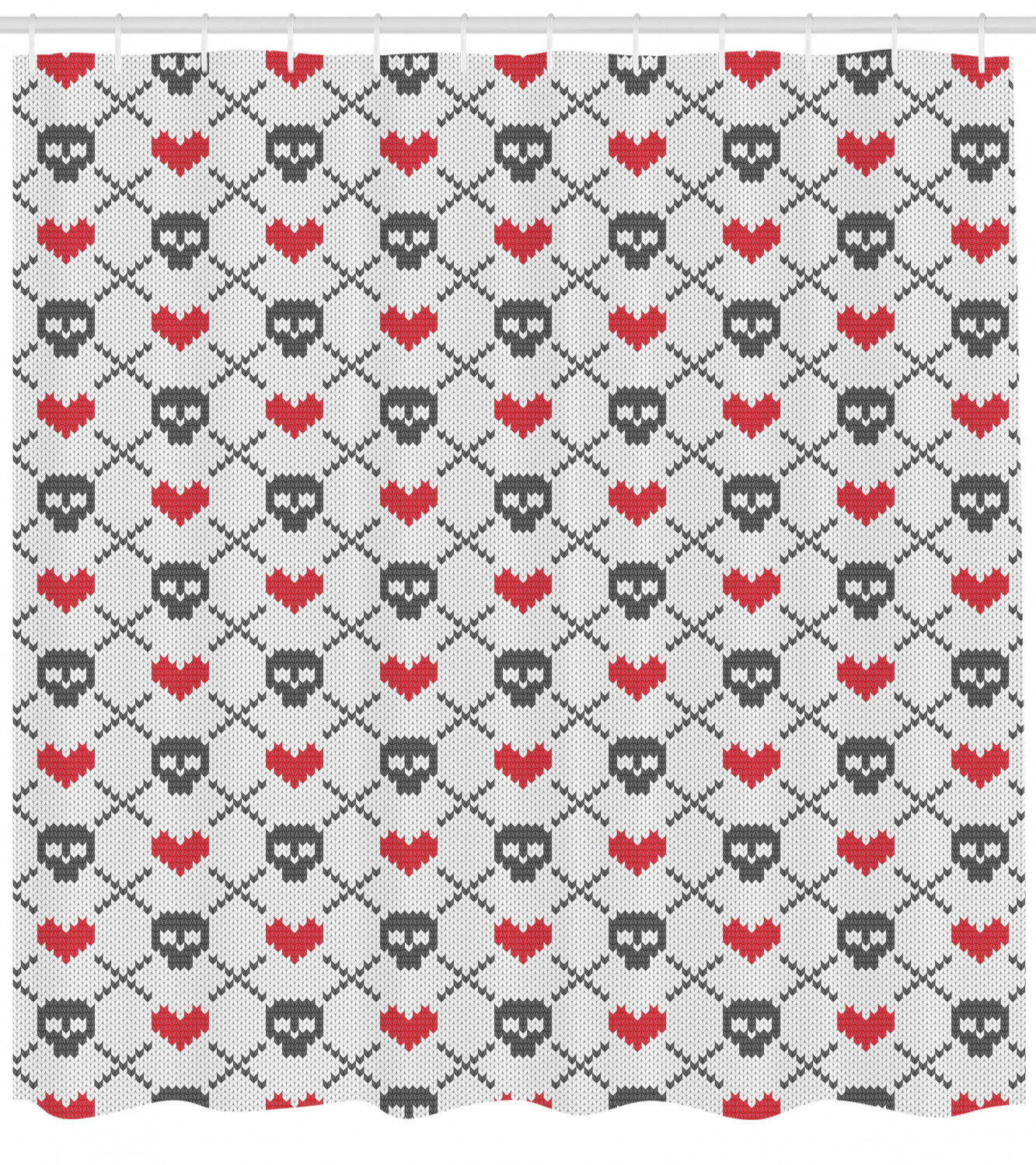 Stitch Work Knitted Pattern Shower Curtain With Skulls & Hearts