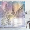 Stormy Winter Day In Paris With Eiffel Tower Scenery Shower Curtain, Pink White Cloth Fabric