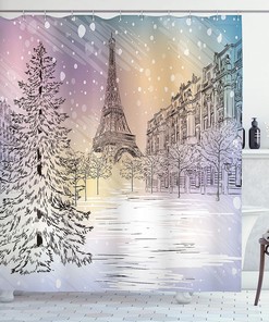 Stormy Winter Day In Paris With Eiffel Tower Scenery Shower Curtain, Pink White Cloth Fabric