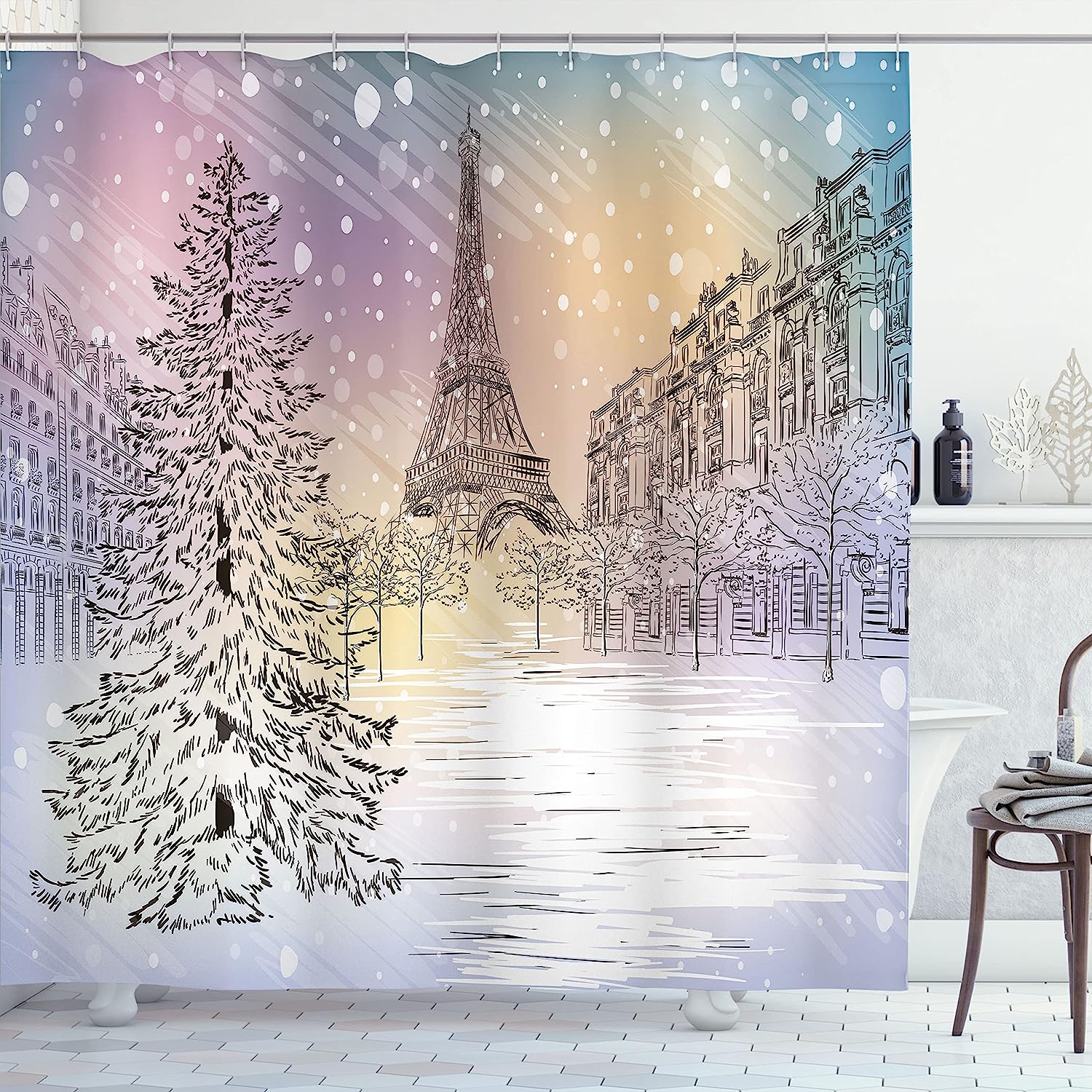 Stormy Winter Day In Paris With Eiffel Tower Scenery Shower Curtain, Pink White Cloth Fabric