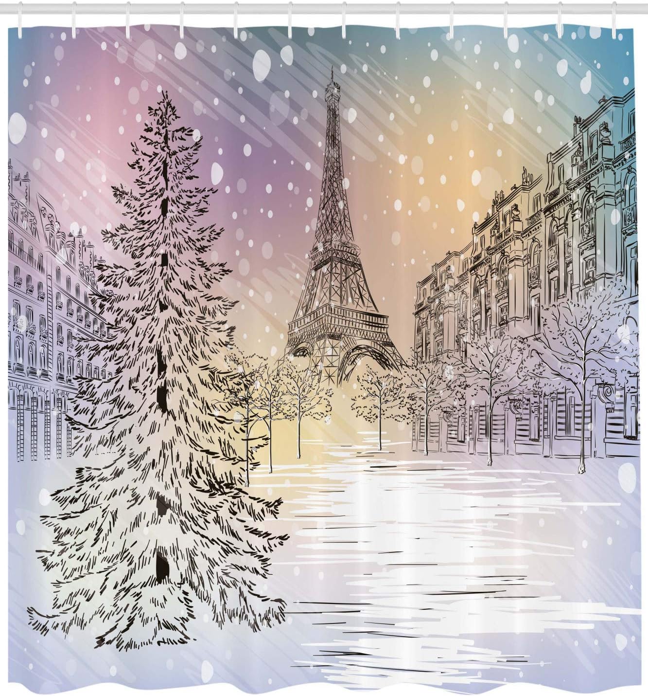 Stormy Winter Day In Paris With Eiffel Tower Scenery Shower Curtain, Pink White Cloth Fabric - Image 2