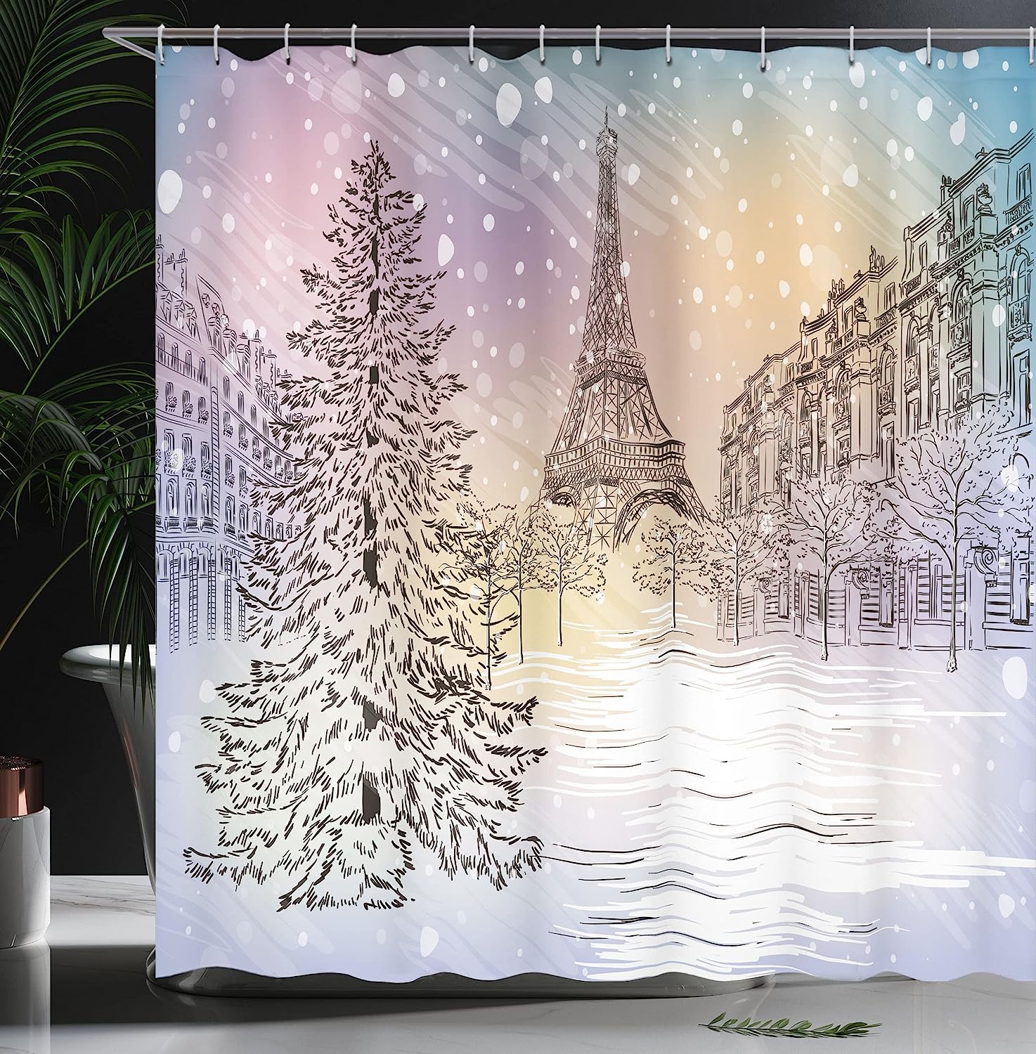 Stormy Winter Day In Paris With Eiffel Tower Scenery Shower Curtain, Pink White Cloth Fabric - Image 3