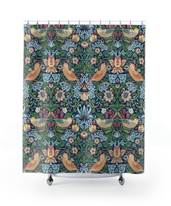 Strawberry Thief In Blue Pattern William Morris Shower Curtain - English Country Home Decor