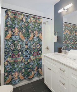 Strawberry Thief In Blue Pattern William Morris Shower Curtain - English Country Home Decor