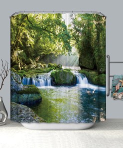 Stream Flowing in Forest Mossy Rocks Splash Shower Curtain for a Natural and Soothing Bathroom Atmosphere