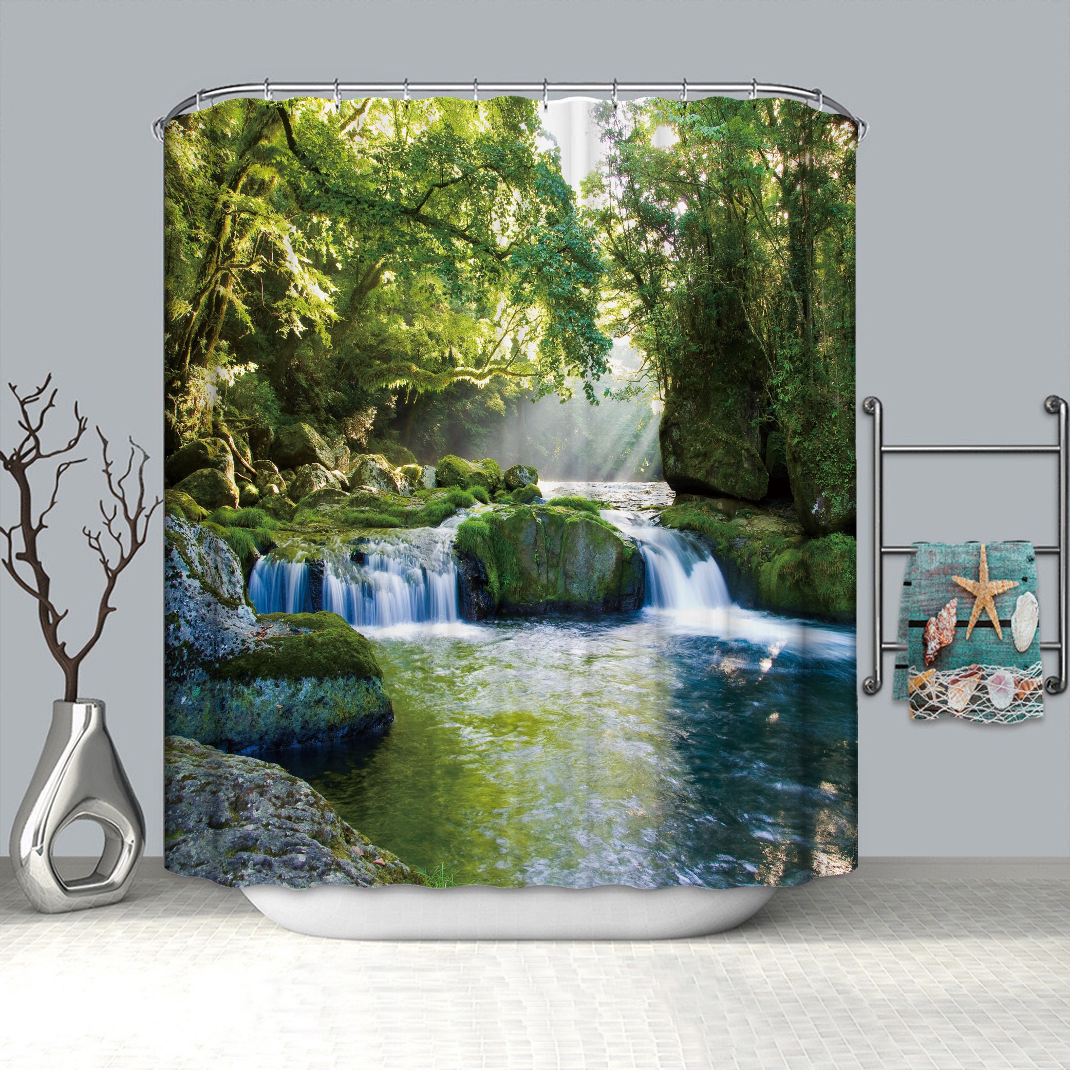Stream Flowing in Forest Mossy Rocks Splash Shower Curtain for a Natural and Soothing Bathroom Atmosphere