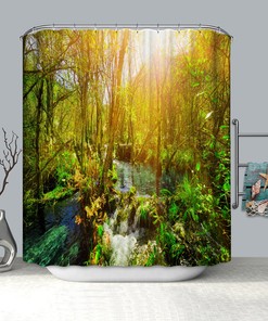 Stream Flowing in Forest Mossy Rocks Splash Shower Curtain for a Natural and Soothing Bathroom Atmosphere