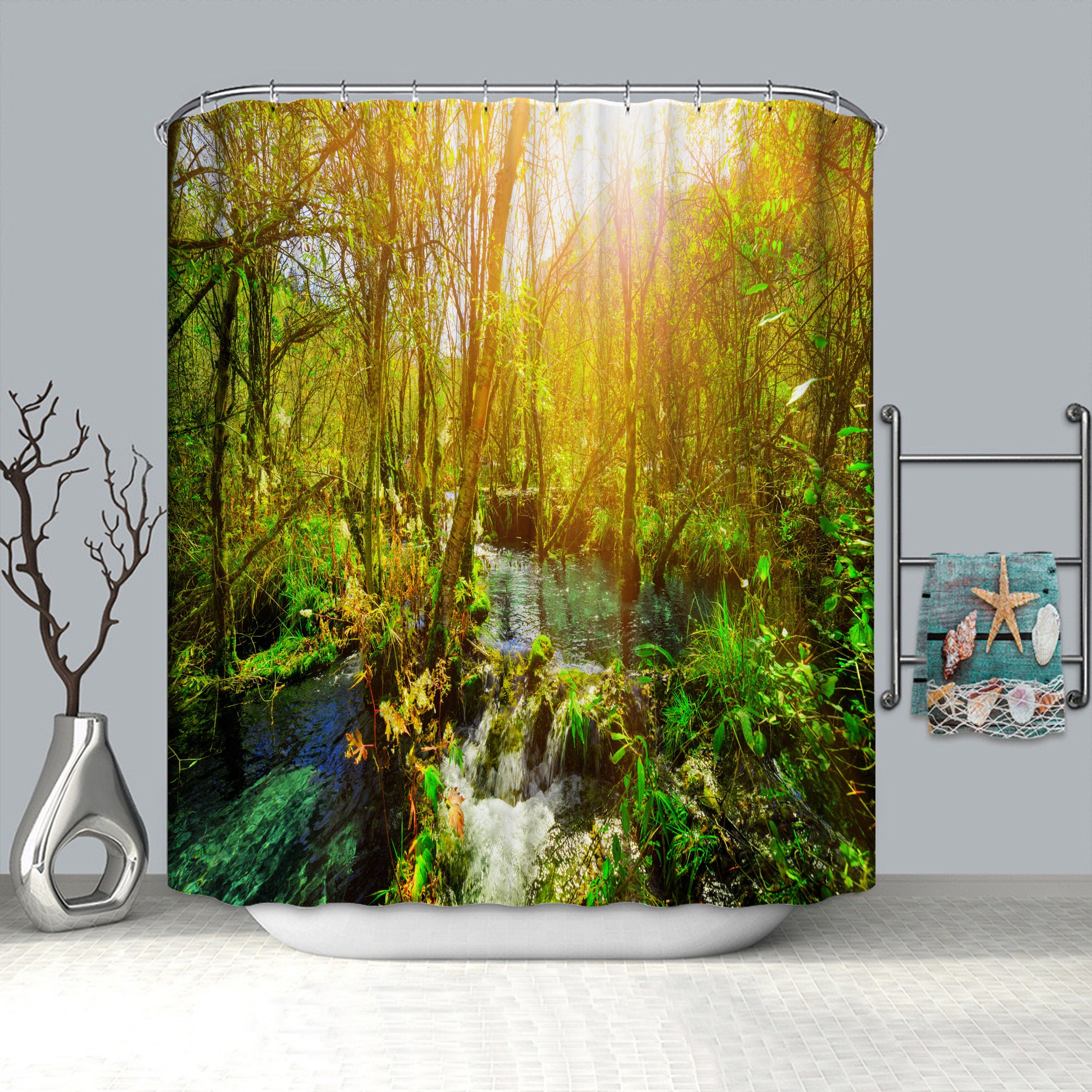 Stream Flowing in Forest Mossy Rocks Splash Shower Curtain for a Natural and Soothing Bathroom Atmosphere