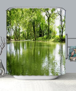 Stream Flowing in Forest Mossy Rocks Splash Shower Curtain for a Natural and Soothing Bathroom Atmosphere