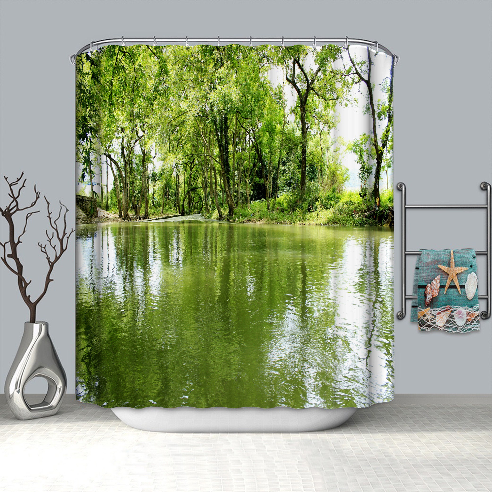 Stream Flowing in Forest Mossy Rocks Splash Shower Curtain for a Natural and Soothing Bathroom Atmosphere