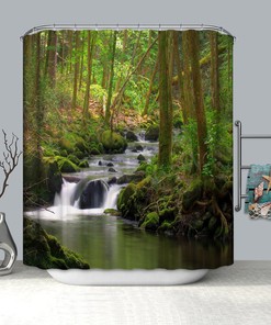 Stream Flowing in Forest Mossy Rocks Splash Shower Curtain for a Natural and Soothing Bathroom Atmosphere