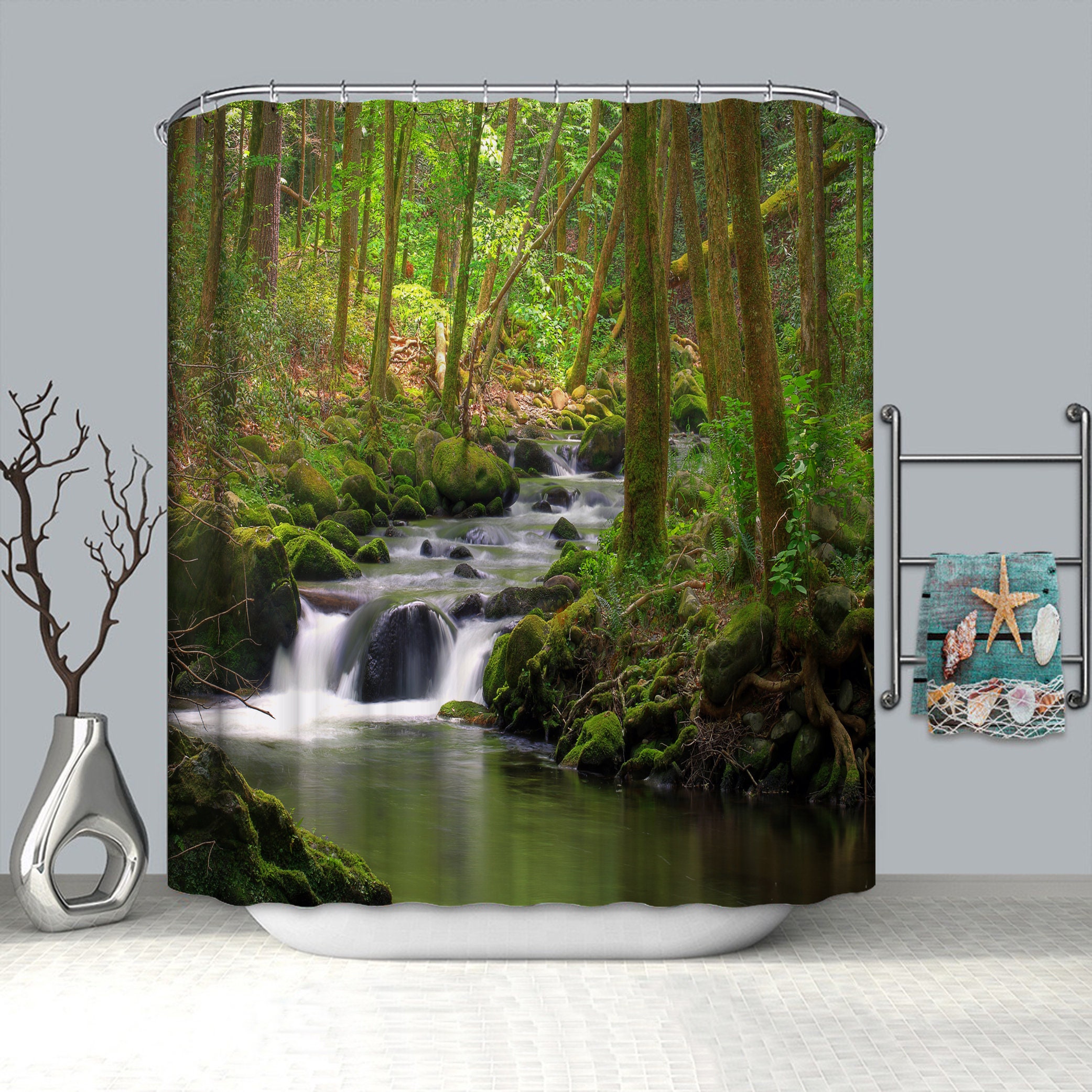 Stream Flowing in Forest Mossy Rocks Splash Shower Curtain for a Natural and Soothing Bathroom Atmosphere