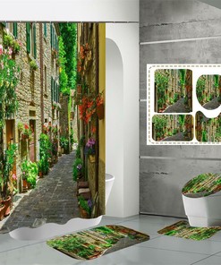 Streets And Alleys Potted Flower Shower Curtain, Waterproof Fabric Bathroom Curtain