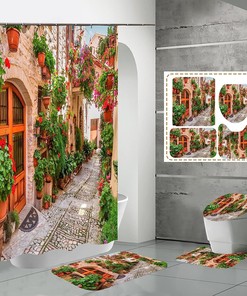 Streets and Alley Potted Gardens Shower Curtain with Lovely Flower Landscape Design