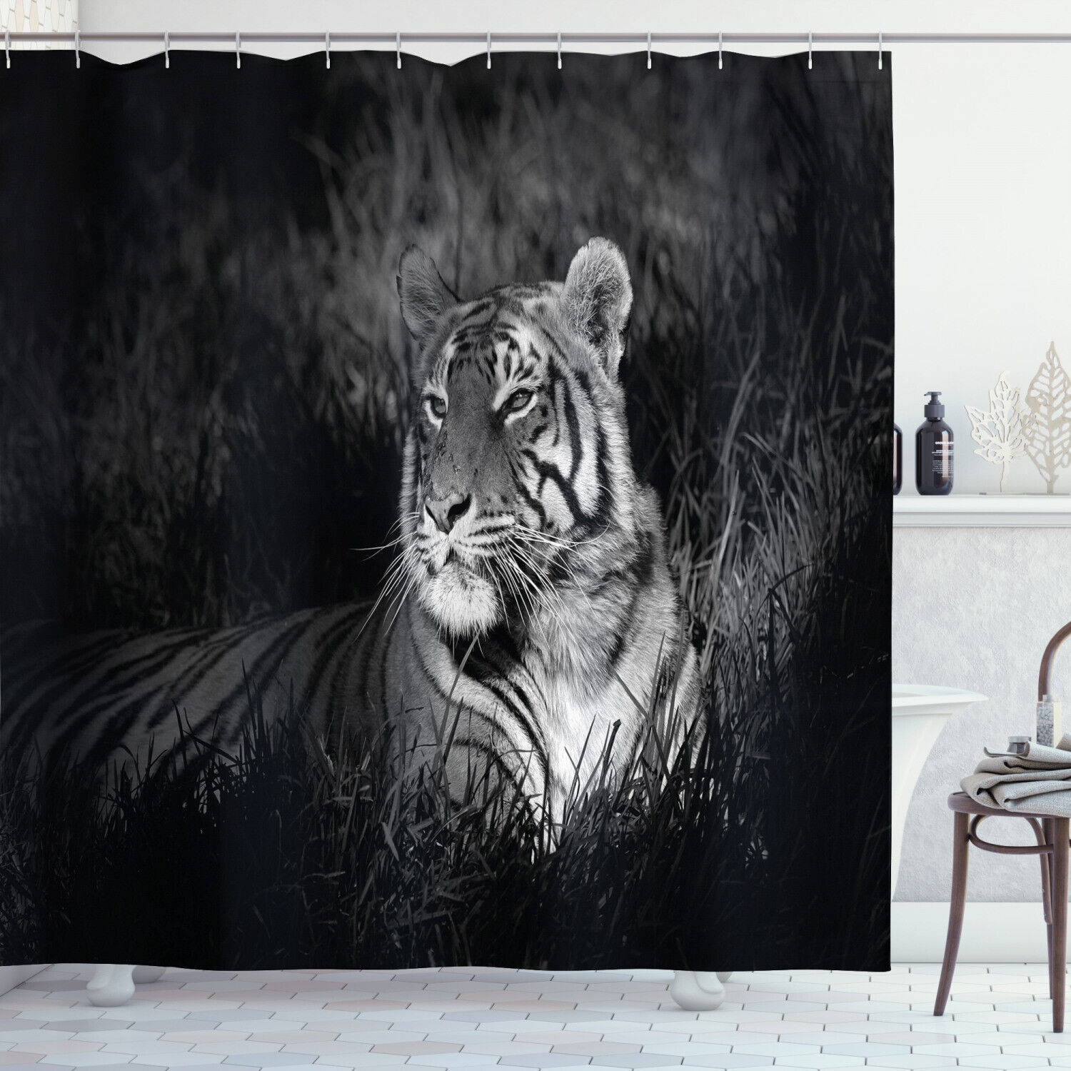 Striking Bengal Tiger Print Shower Curtain In Black And White, Perfect For Any Wildlife Enthusiast