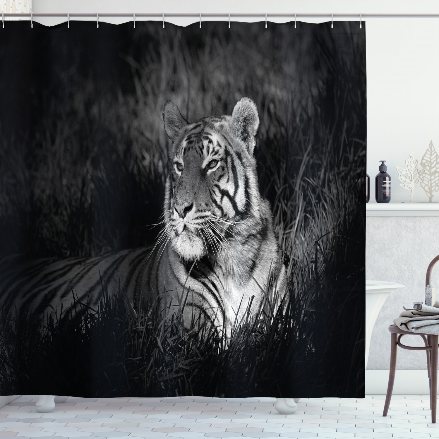 Striking Bengal Tiger Print Shower Curtain In Black And White, Perfect For Any Wildlife Enthusiast - Image 3