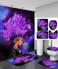 Striking Black And Blue Bathroom Decor Set With African American Shower Curtain