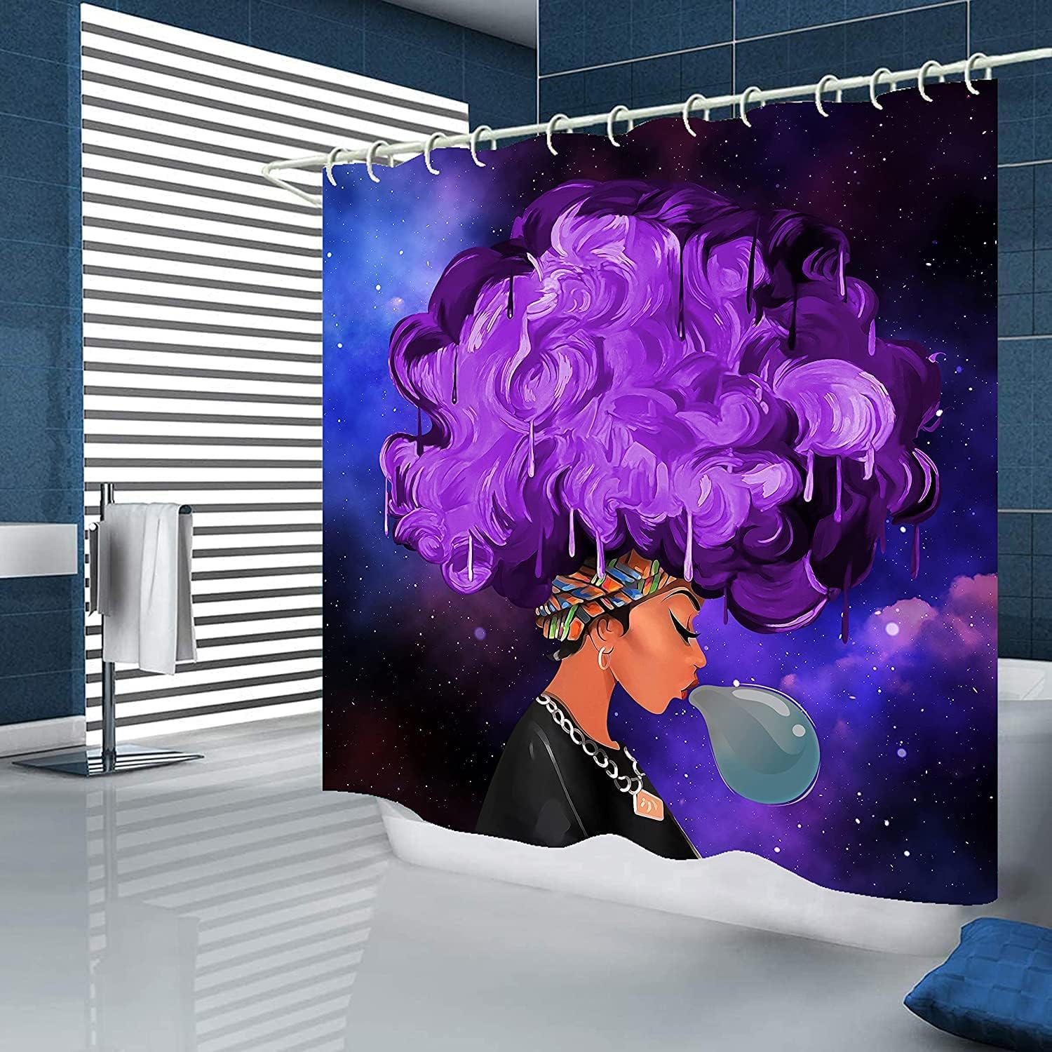 Striking Black And Blue Bathroom Decor Set With African American Shower Curtain - Image 2