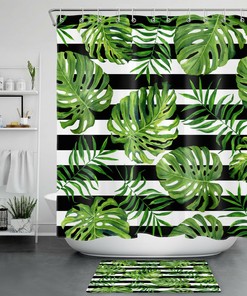 Striking Black and White Stripes Shower Curtain with Palm Leaves