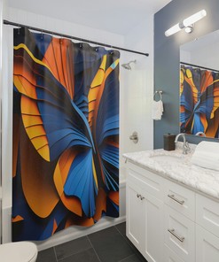 Striking Blue, Orange, And Yellow Abstract Shower Curtain With Fragmented Butterfly Wings Modern Design