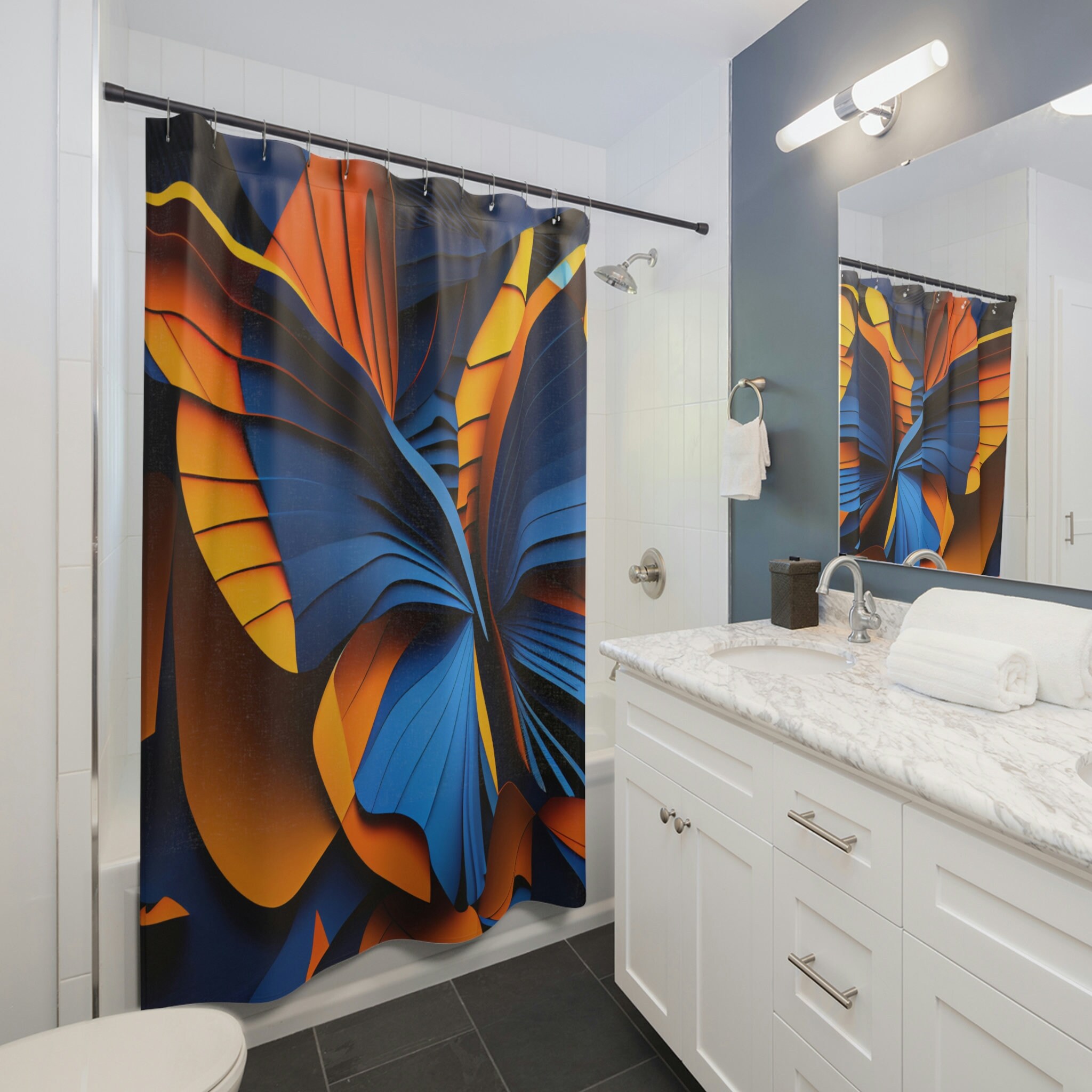 Striking Blue, Orange, And Yellow Abstract Shower Curtain With Fragmented Butterfly Wings Modern Design