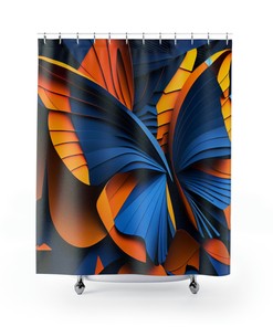 Striking Blue, Orange, And Yellow Abstract Shower Curtain With Fragmented Butterfly Wings Modern Design