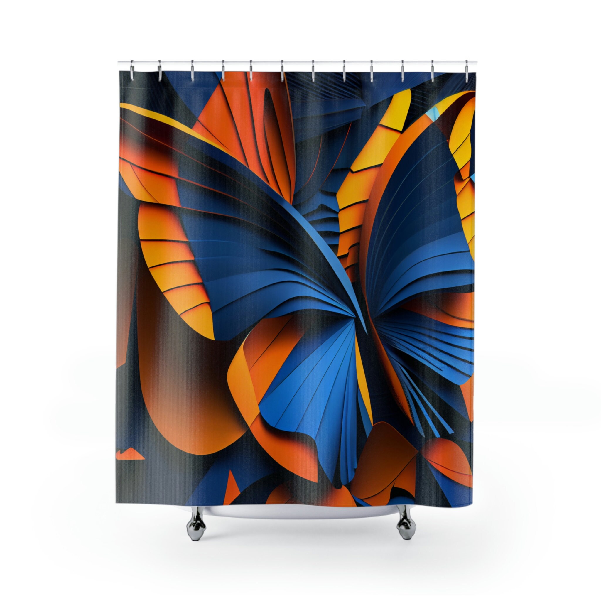 Striking Blue, Orange, And Yellow Abstract Shower Curtain With Fragmented Butterfly Wings Modern Design