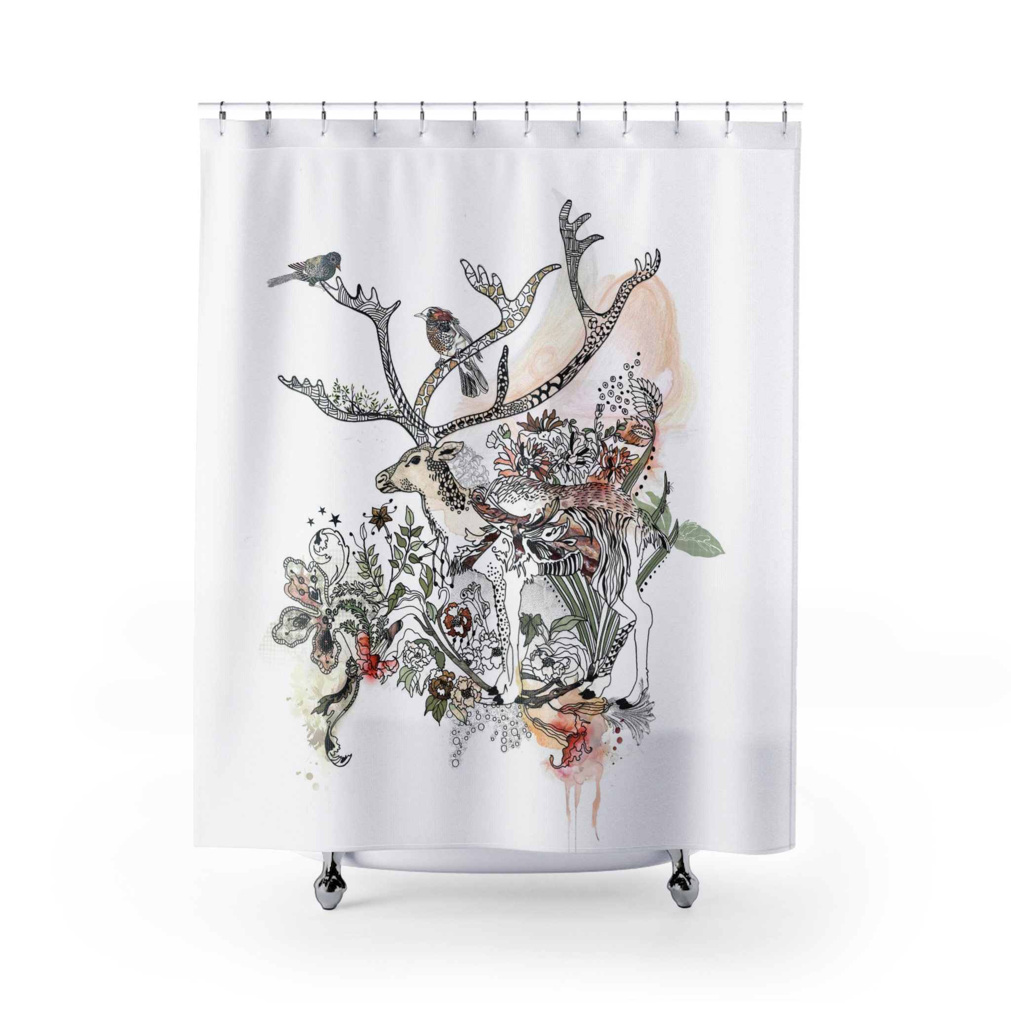 Striking Deer Print Boho Shower Curtain For Nature-Inspired Bathroom Decor