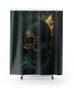 Striking Green And Gold Skull Shower Curtain For Bold Bathroom Decor